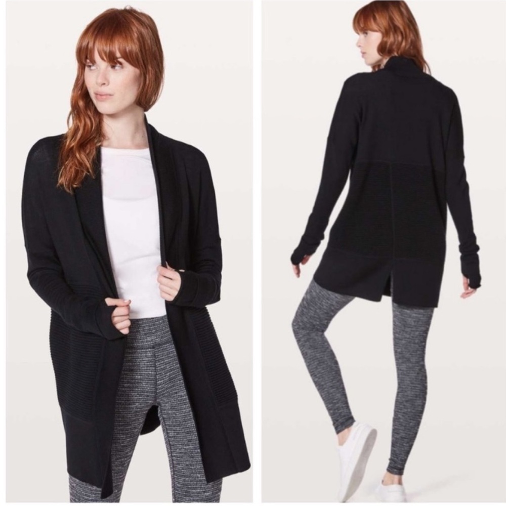 Lululemon Sit In Lotus Merino Wool wrap Cardigan Open front relaxed fit  black